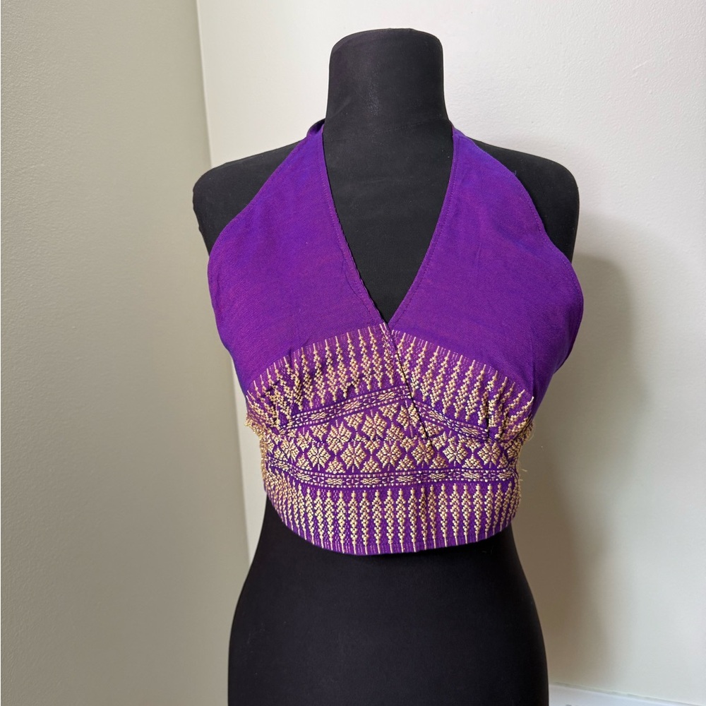 Embroidered Desi Style Purple and Gold Women's Halter Top